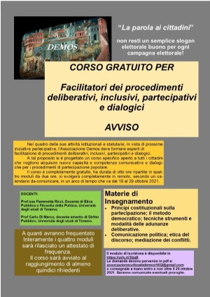 CORSO DI FORMAZIONE PER FACILITATORI DEI PROCEDIMENTI PARTECIPATIVI